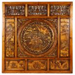A Chinese Screen/shutter: Hardwood, the circular central cartouche with figural & floral designs,