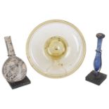 Three Items of Roman Glass: Tazza with stand and label "Roman 3rd/4th Century",