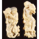 Two Meiji Period Ivory Okimono: Depicting an Oni and Oni child and a man with toads, neither signed,