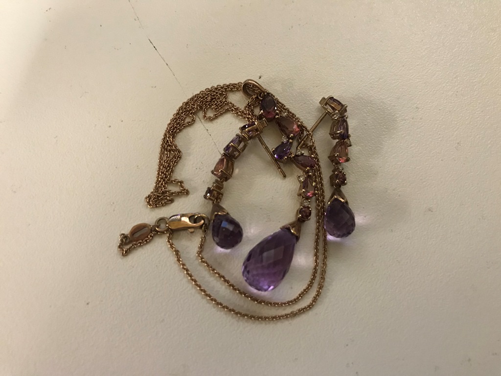 9ct amethyst earrings and pendant