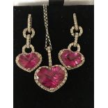 18ct diamond and pink stone earrings and pendant