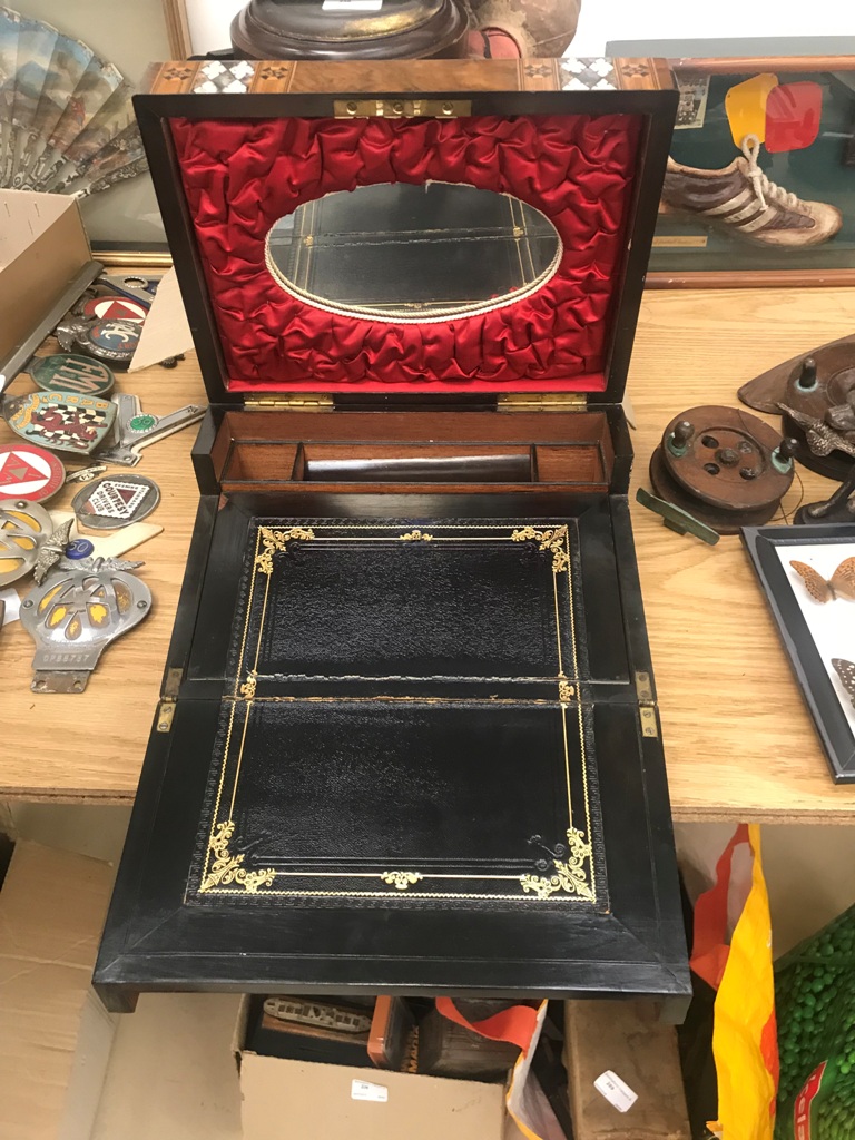 A 19th century mahogany writing box with mother-of-pearl inlay