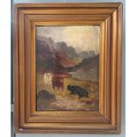 C W Oswald (19th/20th century): Cattle in a highland landscape, oil on canvas, signed,
