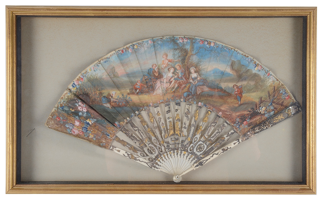 A Framed Hand Painted and Stick Ivory Fan: Late 18th/early 19th century,