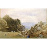 A 19th century watercolour depicting a figure in a landscape,