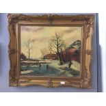 An oil on canvas in the early Dutch manner depicting a winter landscape with skaters, signed,