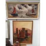 Derek Ashley (20th century): an oil on board depicting beached boats, signed,