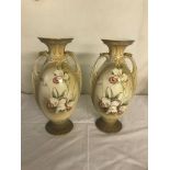 A pair of ornate ceramic urns with flower decoration