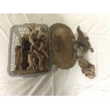 A box of wooden tribal carvings etc