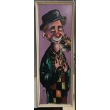 An oil on board depicting a clown holding a cat, indistinctly signed lower left,