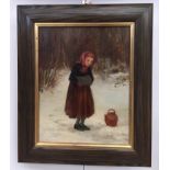 Pierre Edouard Frere (French, 1819-1886): Study of a girl in a winter landscape, oil on panel,