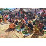 An oil on canvas depicting a busy market scene, indistinctly signed lower left, H 61 x W 92 cm,