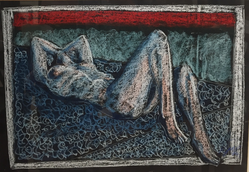 Study of a reclining female nude, coloured chalks,