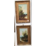 A pair of late 19th century oils on board of landscape subjects, indistinctly signed,