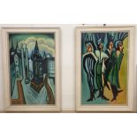 A pair of oils on canvas, one depicting a full length portrait of four elaborately dressed figures,