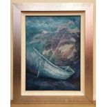 Blue boat study, oil on panel, signed lower left, Halcyon Gallery label verso,