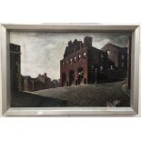 An oil on panel of a street scene, Rochdale, inscribed verso,