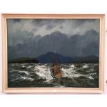 An oil on canvas depicting fishing boats in rough seas off the coast, signed lower right,