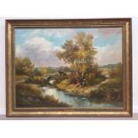 A pair of oils on canvas depicting wooded landscapes, one with figures by a bridge,