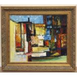 An abstract study of buildings, oil on canvas, indistinctly signed lower right,