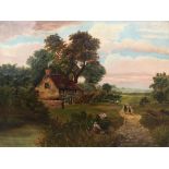 A 19th century oil on canvas depicting figures in a rural landscape, signed lower right,