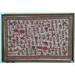 A large Asian painted silkwork depicting figures & animals,