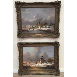 Bernard Page (20th century): A pair of oils on board depicting frozen river landscapes with skaters