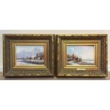 A pair of oils on panel depicting Dutch frozen river landscapes, each signed with initials SG,