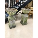 A pair of stone planters on column bases