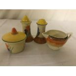 A Clarice Cliff 'Crocus' pattern cruet set;