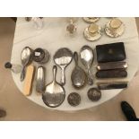 A quantity of HM silver to inc brush sets and silver lidded pots