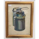 A Ukrainian watercolour study of churns, signed lower right & dated '58, labelled verso,