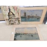 Two watercolours of London Thames views; together with an oil on board of St Paul's Cathedral,