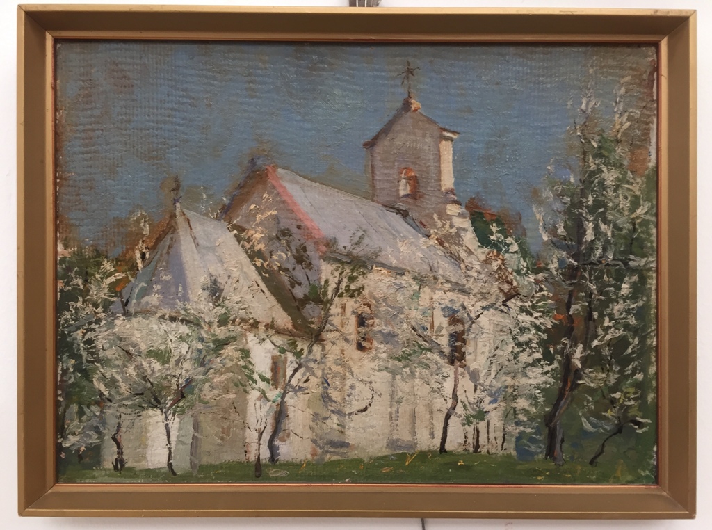 Karol Janusz Rutkowski (Polish, 1885-1960): Trees before a church, impressionist oil on cardboard,
