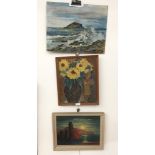 Three oils on board of floral and coastal subjects,