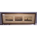 A triple mounted montage depicting three 18th/19th century watercolour landscape studies,