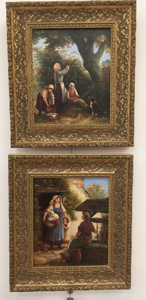 A pair of oil on canvas gilt-framed scenes of 19th century women and children,