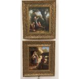 A pair of oil on canvas gilt-framed scenes of 19th century women and children,