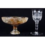 A 19th Century Quartz Carved Tazza and Engraved Glass: Rose quartz carved pedestal bowl and 19th