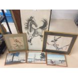 Six Oriental pictures of various traditional subjects inc a study of a horse,