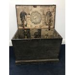 Of boxing interest: a 19th century pine box having cut out black and white engravings depicting the
