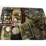 A quantity of vintage jewellery, silver brooches, diamante, chain purses, beads buttons, etc.