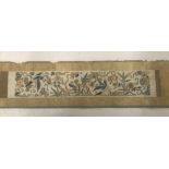 A silk embroidered Oriental scroll: bone weight, Lingzhi mushrooms, bamboo, birds,