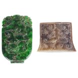 Two Chinese Jade Carvings: One archaistic in axe head shape with cloud motifs,