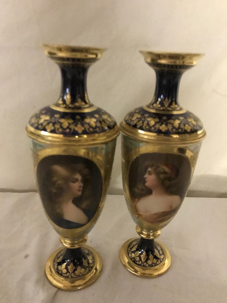 A pair of 19th century Dresden portrait vases