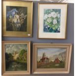 Four original pictures to inc two floral still life watercolours and two church landscape oils