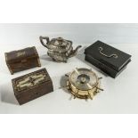 Two wooden boxes, small teapot, cash box and a barometer