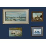 A large framed Fred Stott print together with two prints and an unframed oil on board Northumberland