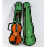 A child's violin with bow in fitted case, 46cm quarter size