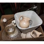 A box of assorted pottery and lamp shades